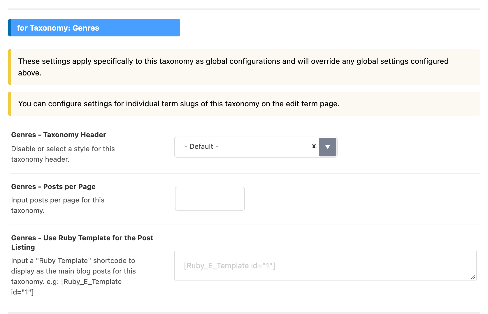 A for Taxonomy: Genres section, repeating the three global fields with the taxonomy name in front of each label