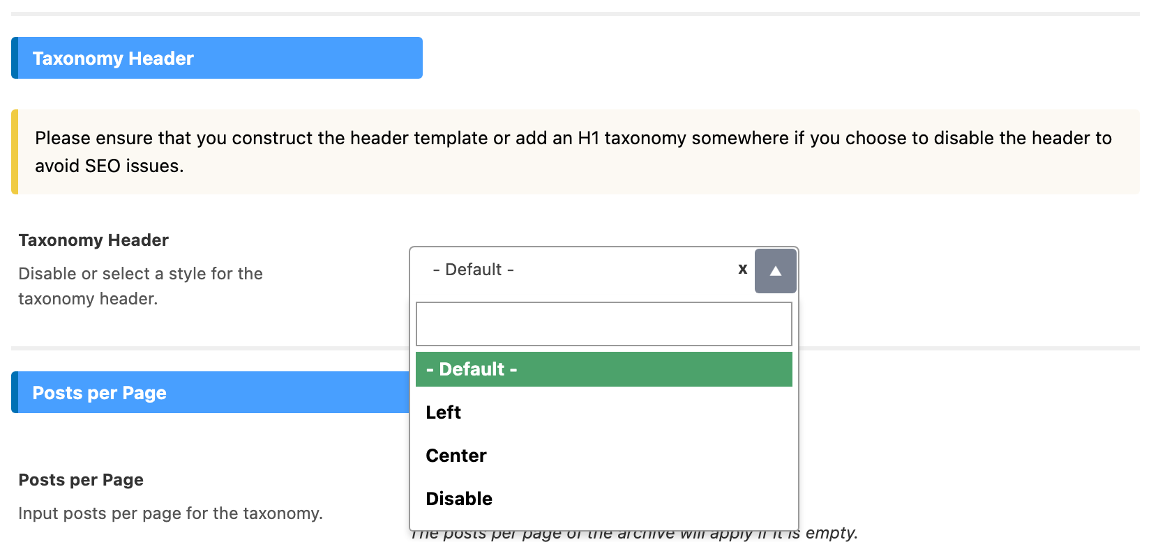 The Taxonomy Header dropdown open in Theme Options > Taxonomy, offering - Default -, Left, Center and Disable