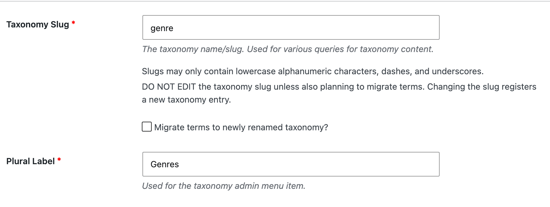 The Custom Post Type UI screen for the Genres taxonomy, whose Taxonomy Slug field reads genre, which is the name you type into an entry meta key