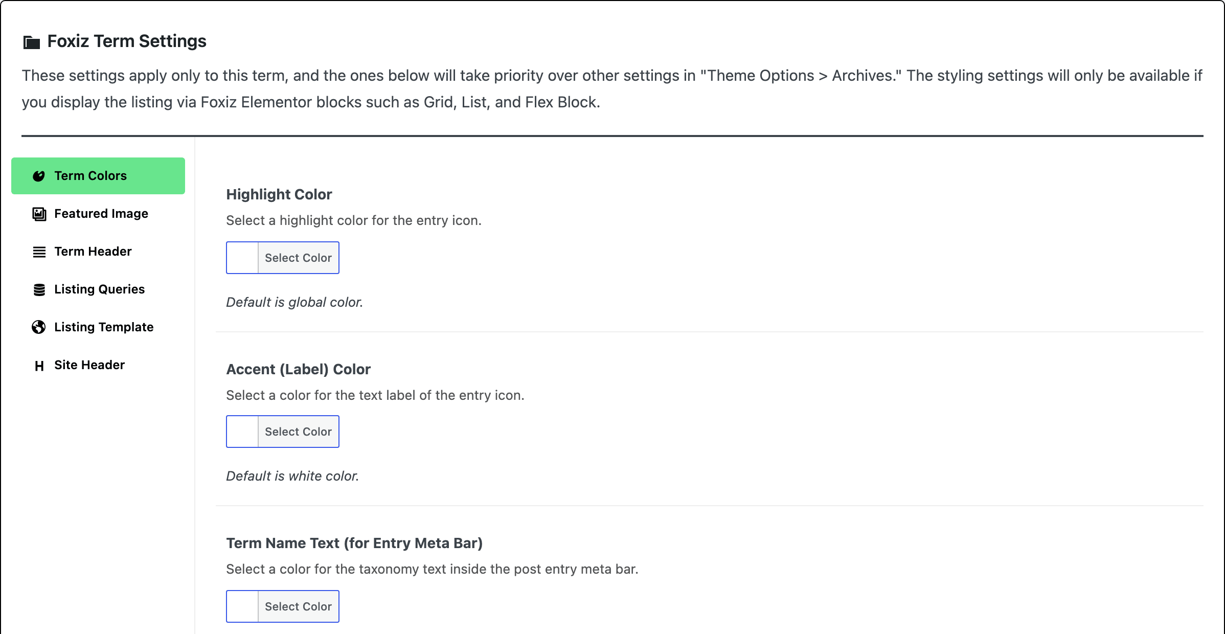 The Foxiz Term Settings box on a custom taxonomy term, with its six tabs down the left