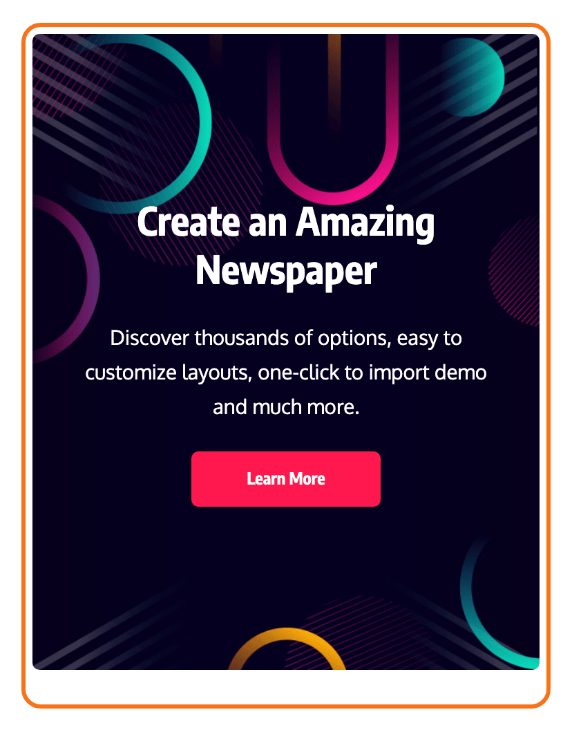 A Foxiz - Sidebar Banner block on the Default demo, outlined in orange: a heading, a line of text and a button over a background image.