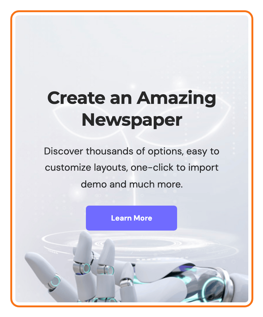 The Foxiz - Widget Banner in a post sidebar on the Tech demo, outlined in orange: heading, text and button over a background image.