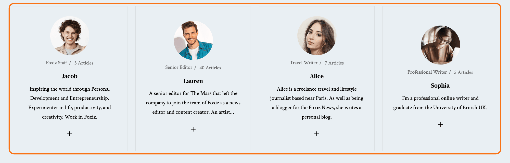 Foxiz - Authors List 2 on a Foxiz Time demo home page: a card per writer with avatar, job title, article count, name and biography