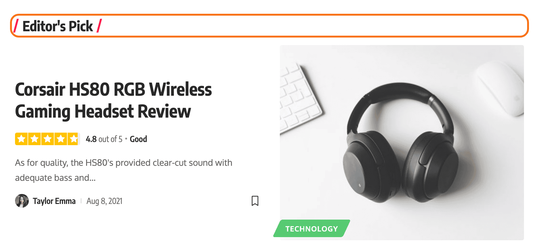 A Foxiz - Heading block reading Editor's Pick above a post listing on the Foxiz Default demo