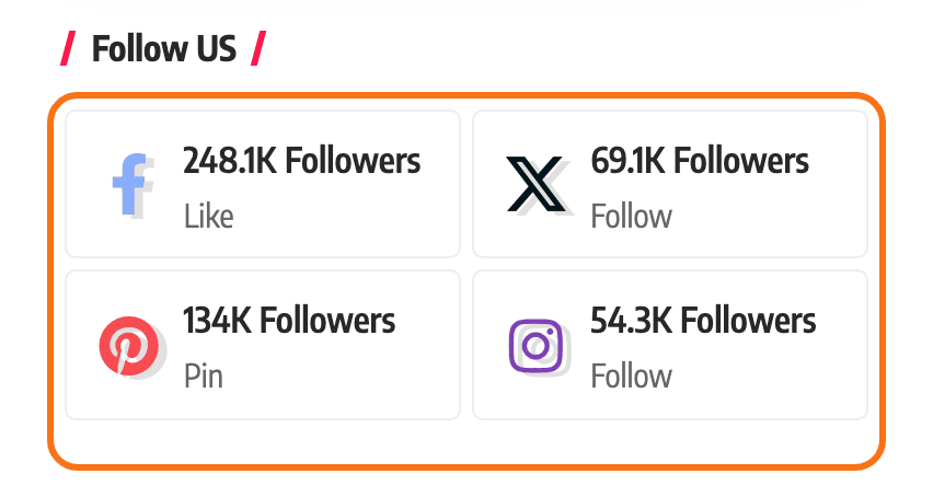 A Foxiz - Social Follower grid on the Foxiz Default demo: one tile per network with its follower number