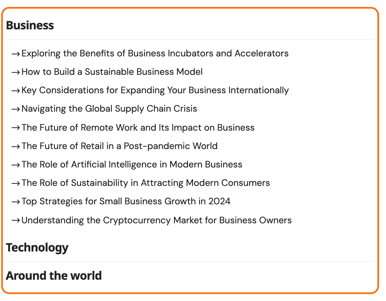 A Foxiz - Tax-based Accordion Posts block: three category names, the first open on a list of its post titles