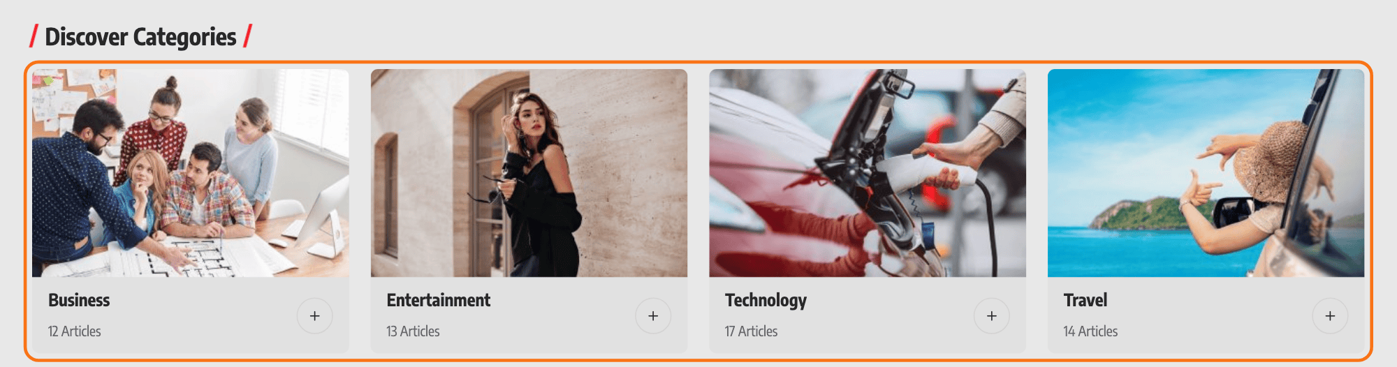 Foxiz - Taxonomies List 1 on the Foxiz Default demo: a card per category with its image, name and number of articles