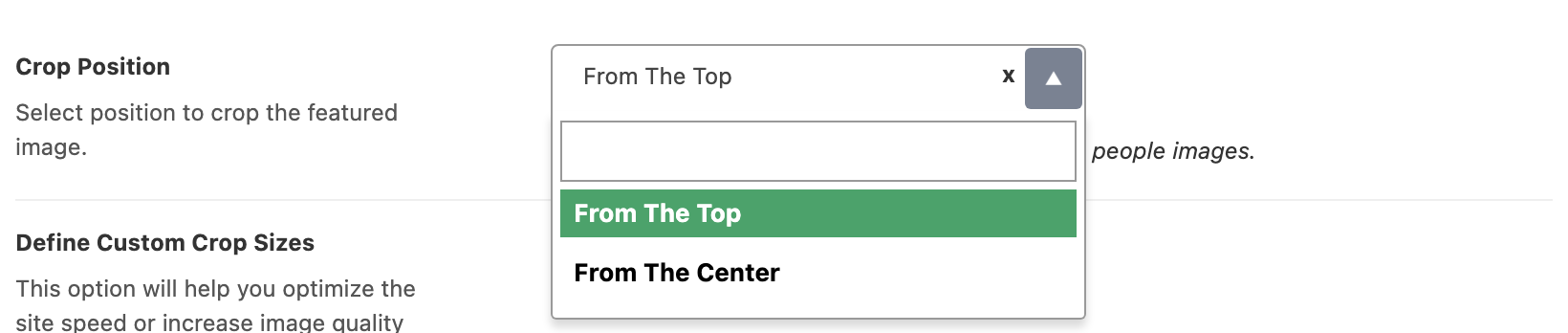 The Crop Position dropdown open in Theme Options > Theme Design > Featured Image, offering From The Top and From The Center