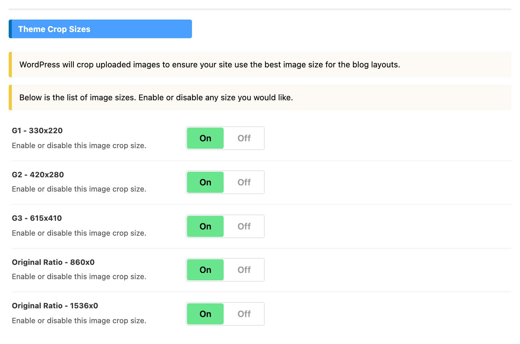 The Theme Crop Sizes group, where each built in size can be switched off