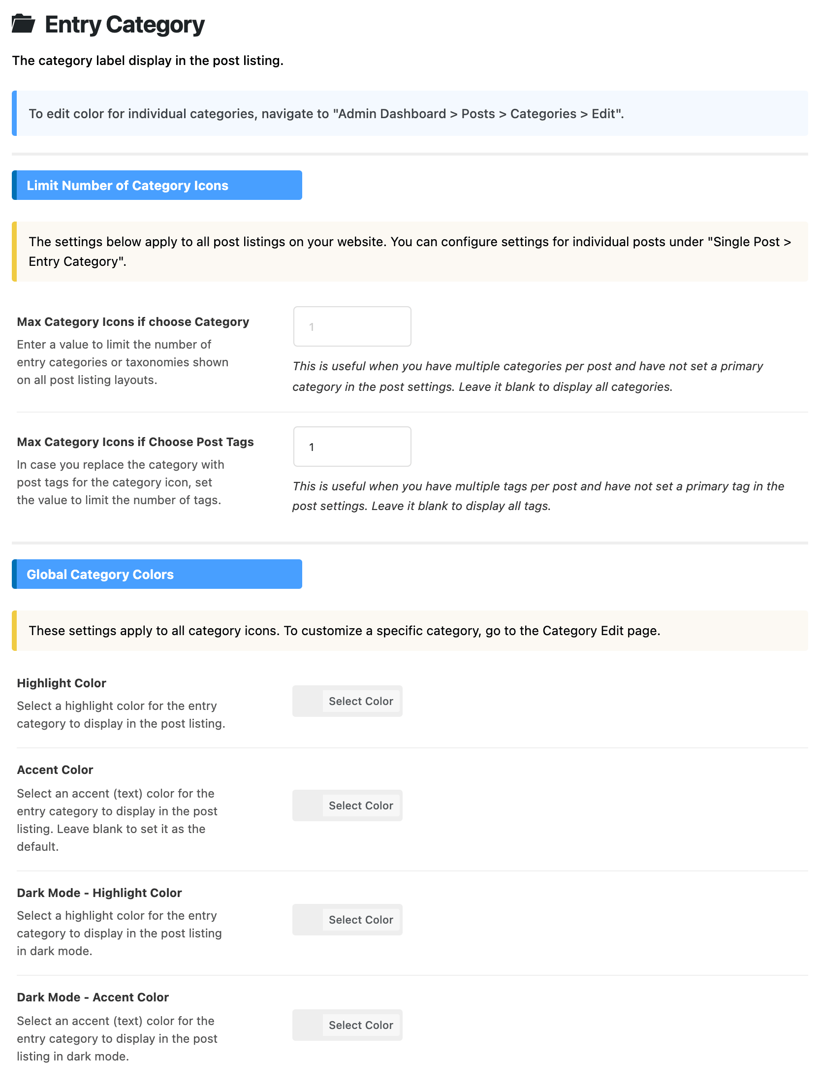 Theme Design > Entry Category: the Limit Number of Category Icons group with its two Max Category Icons fields, and the Global Category Colors group with Highlight Color, Accent Color and their two Dark Mode fields