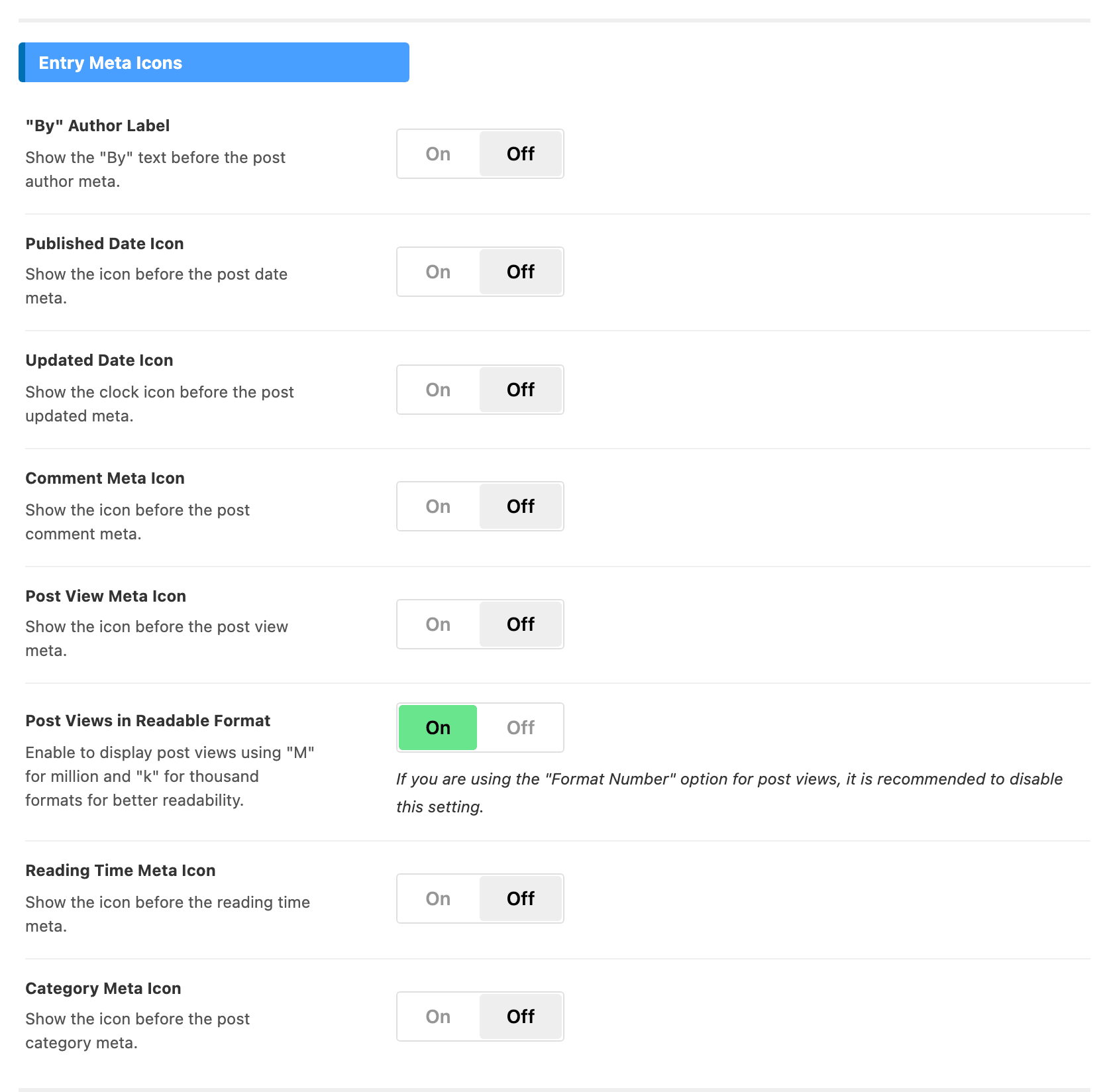 The Entry Meta Icons group of Theme Design > Entry Meta, eight switches from "By" Author Label to Category Meta Icon