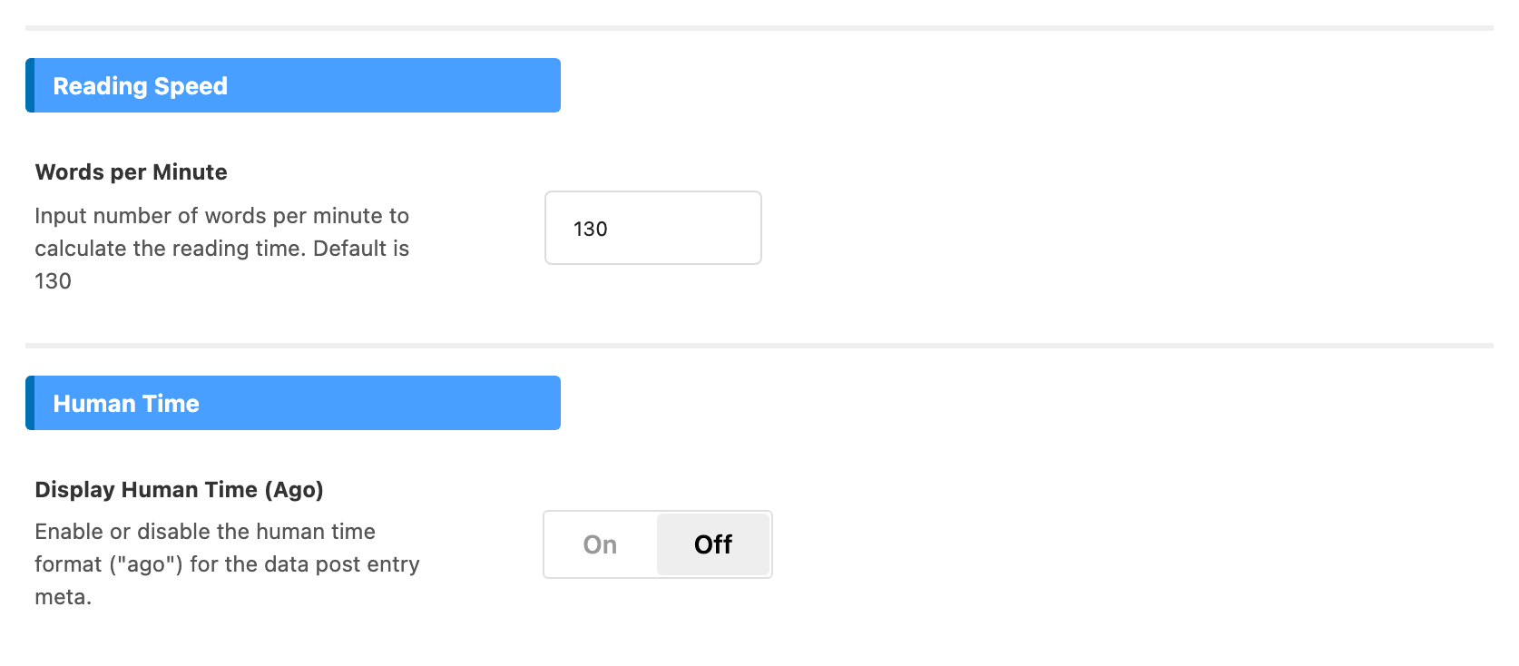 The Reading Speed and Human Time groups of Theme Design > Entry Meta: Words per Minute and Display Human Time (Ago)