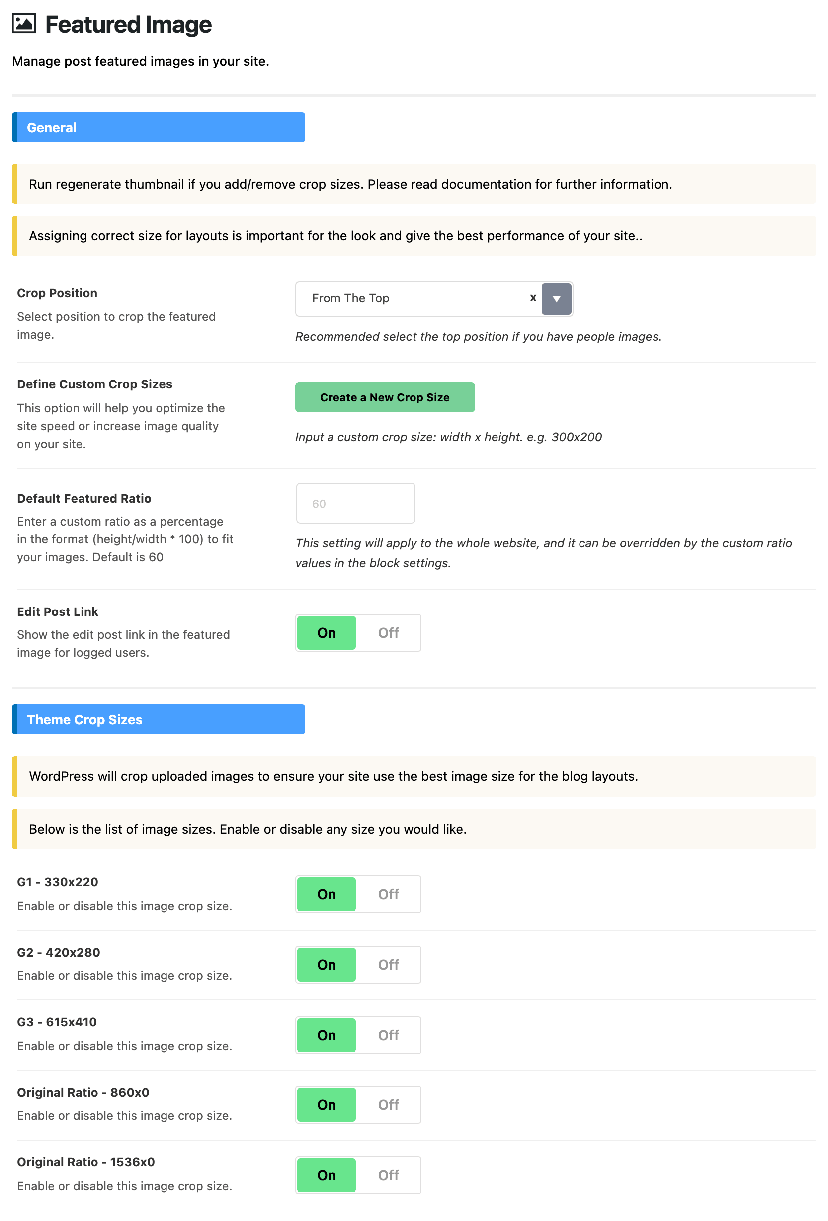 Theme Design > Featured Image: Crop Position, Define Custom Crop Sizes, Default Featured Ratio and Edit Post Link under General, then the five Theme Crop Sizes switches, all on