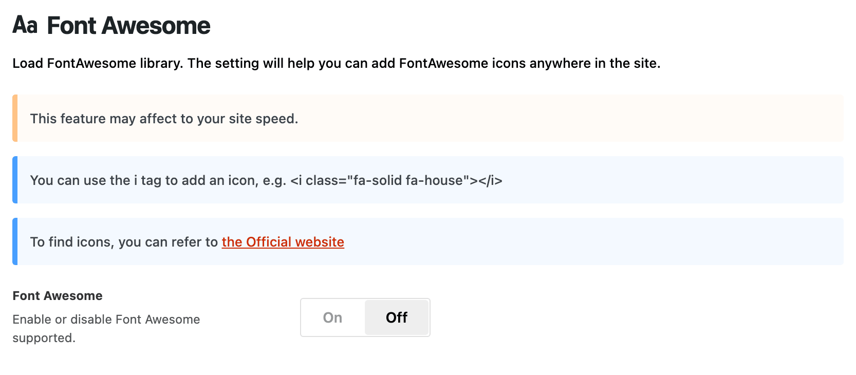 Theme Design > Font Awesome with its notes and the Font Awesome switch, off
