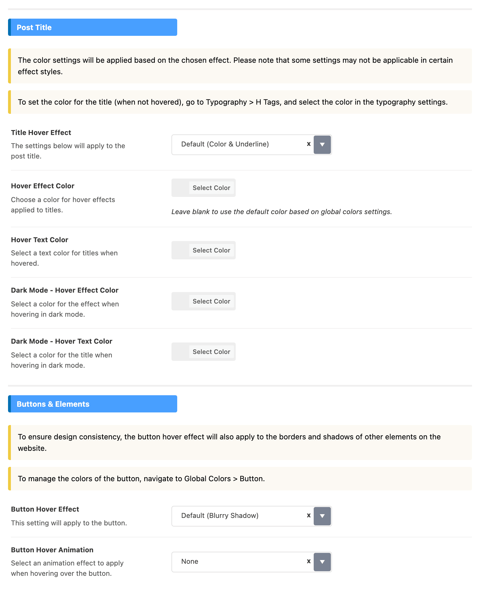 Theme Design > Hover Effects: the Post Title group with Title Hover Effect and its four colour fields, and the Buttons & Elements group with Button Hover Effect and Button Hover Animation