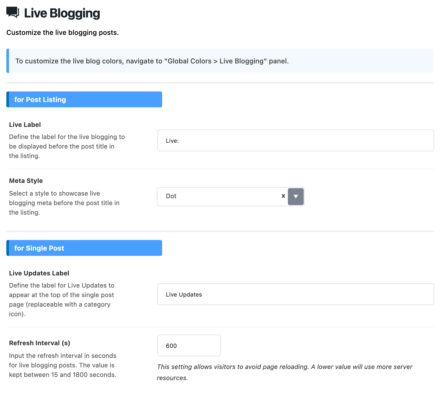 Theme Design > Live Blogging: Live Label and Meta Style for post listings, Live Updates Label and Refresh Interval (s) for the single post, whose help text keeps the value between 15 and 1800 seconds
