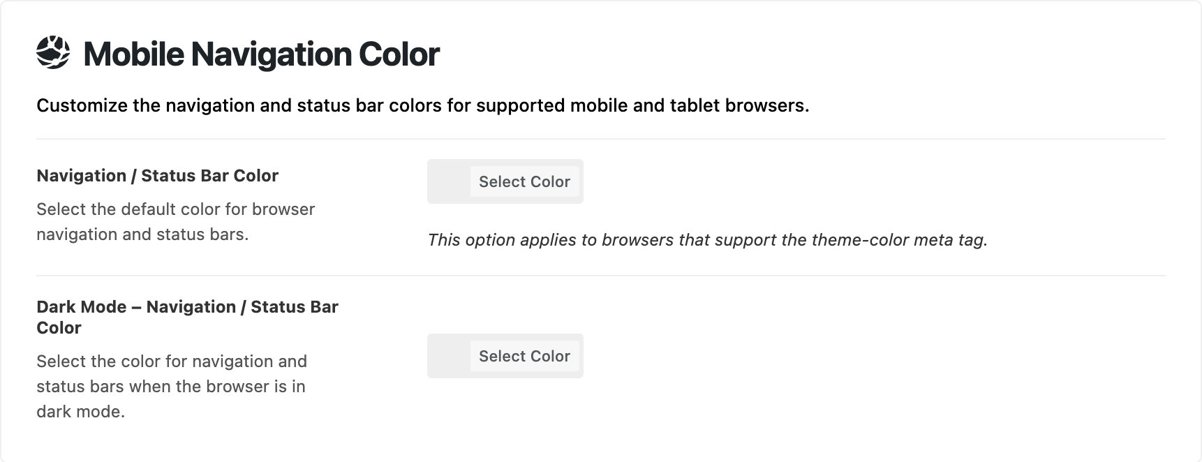 Theme Options > Theme Design > Mobile Navigation Color, holding Navigation / Status Bar Color and its dark mode twin