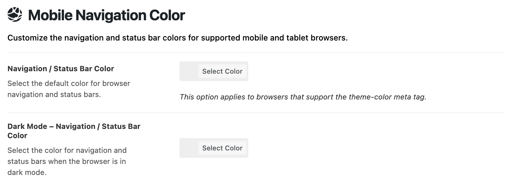 Theme Design > Mobile Navigation Color: Navigation / Status Bar Color and its dark mode counterpart