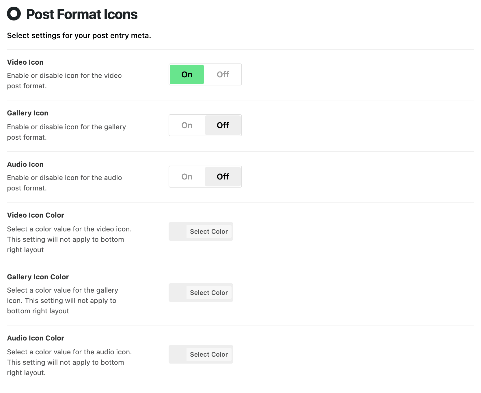 Theme Design > Post Format Icons: Video, Gallery and Audio Icon switches above their three colour fields