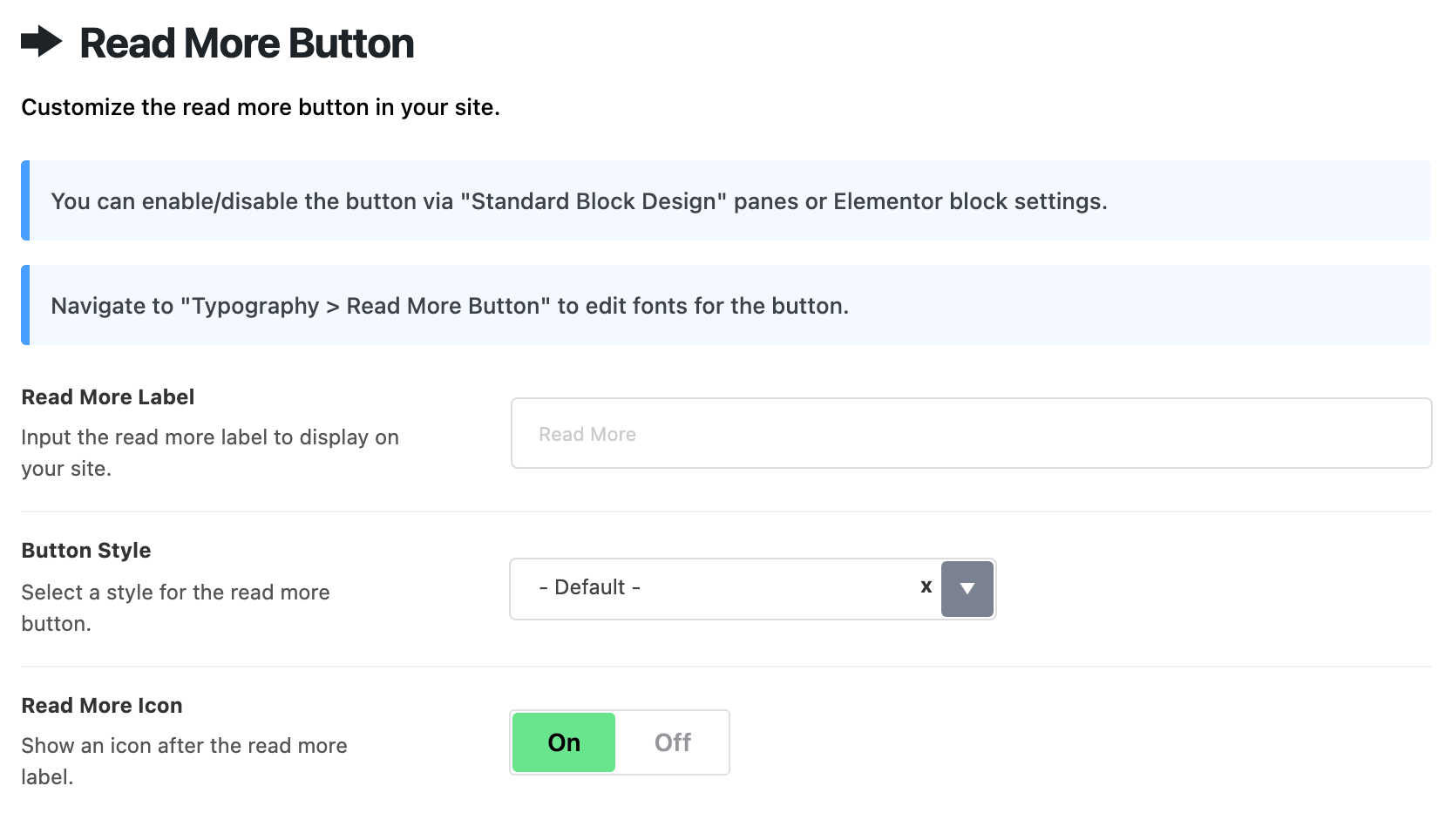 Theme Design > Read More Button: Read More Label, Button Style and Read More Icon