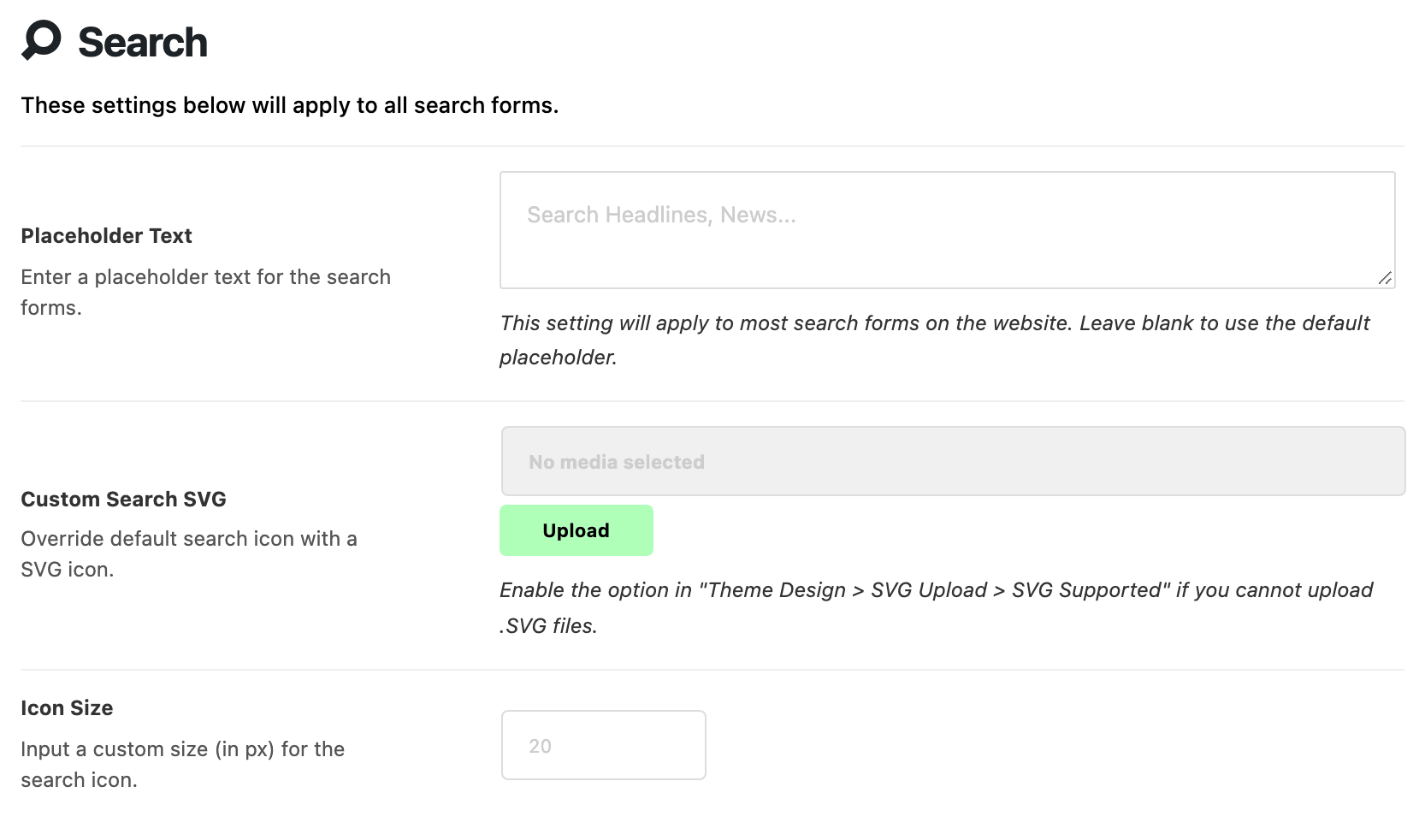 Theme Design > Search: Placeholder Text, Custom Search SVG and Icon Size