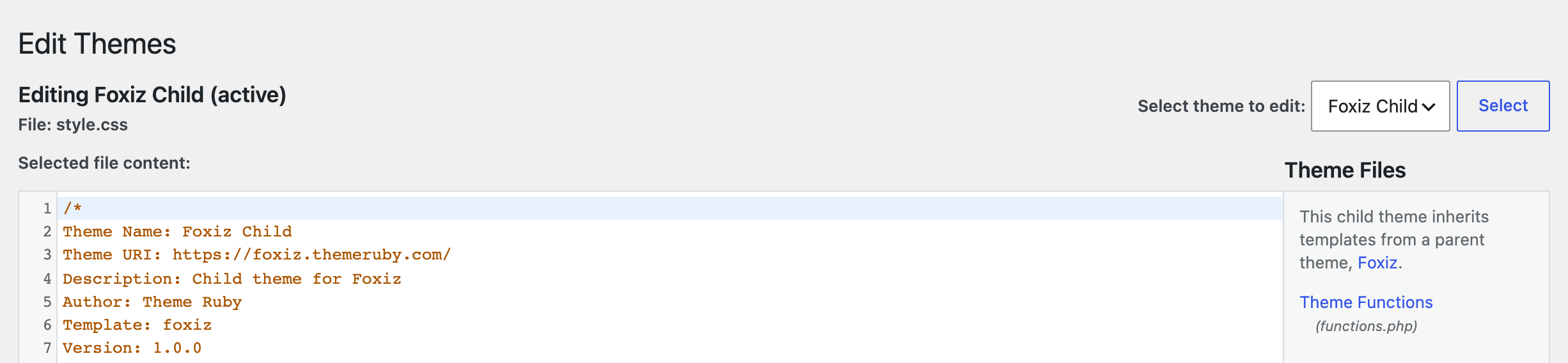 Appearance > Theme File Editor with Foxiz Child selected in Select theme to edit, style.css open, and the Theme Files list on the right