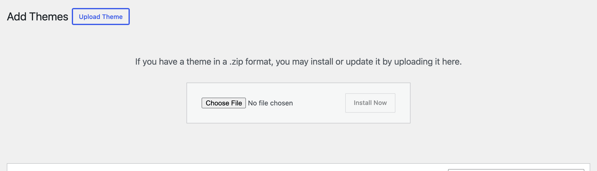 Appearance > Themes > Add Theme with Upload Theme open, showing the file chooser and the Install Now button