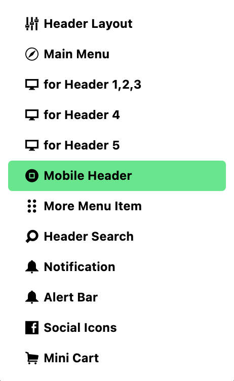 The Header panel's subsection list in Theme Options, with Mobile Header selected.
