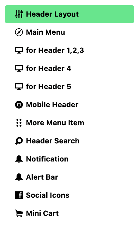 The twelve subsections of the Header panel, from Header Layout to Mini Cart