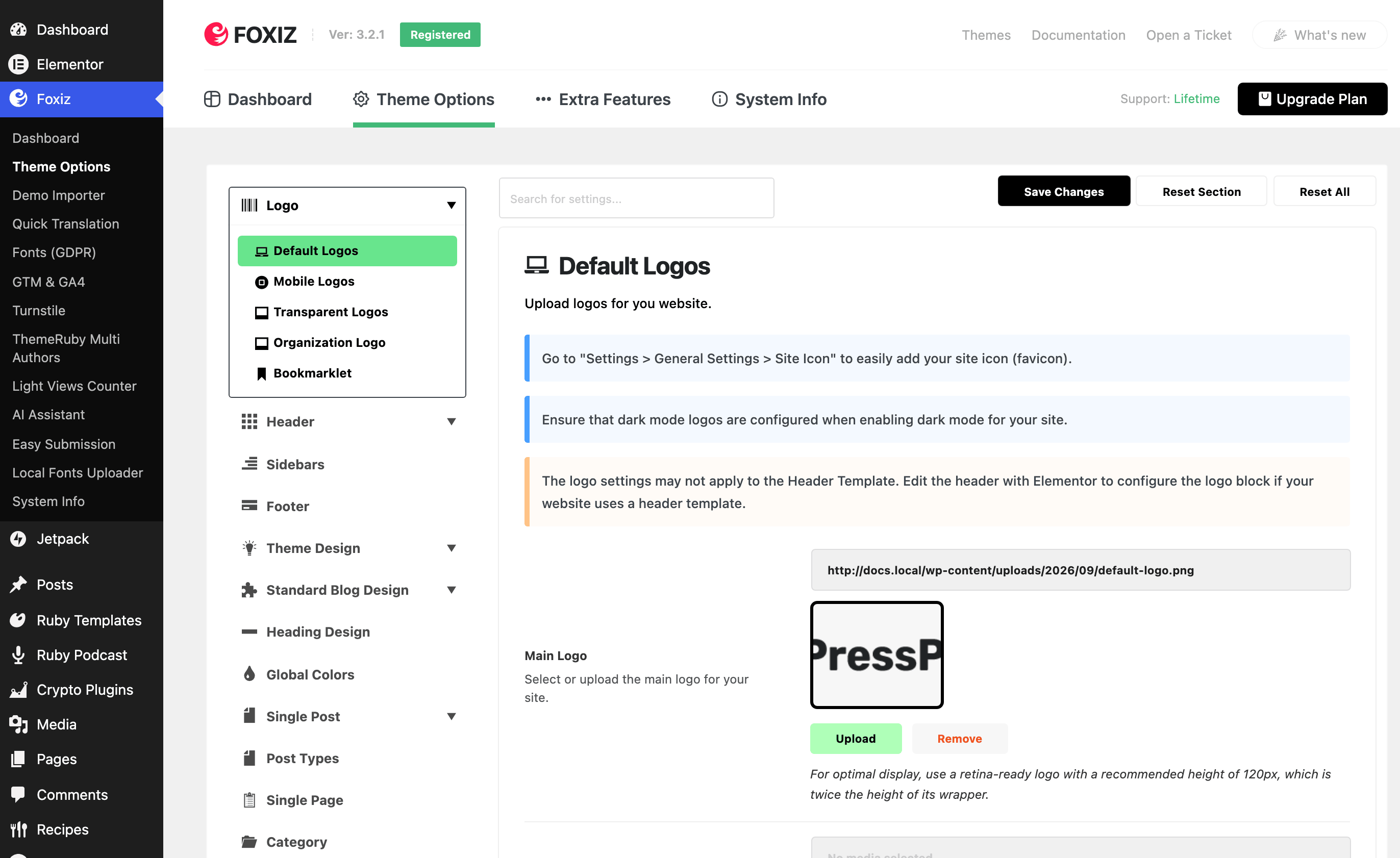 The WordPress admin sidebar with Foxiz expanded and Theme Options highlighted under it, beside the Theme Options page: the Foxiz header showing Ver: 3.2.1 with the Theme Options tab underlined, the section list with Logo open and Default Logos highlighted, and the Default Logos settings beginning with Main Logo