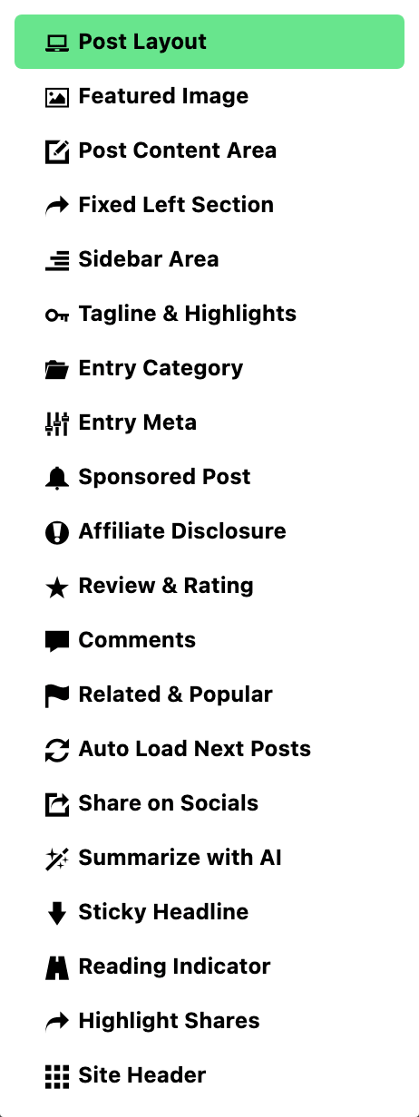 The subsections of the Single Post panel, from Post Layout to Site Header