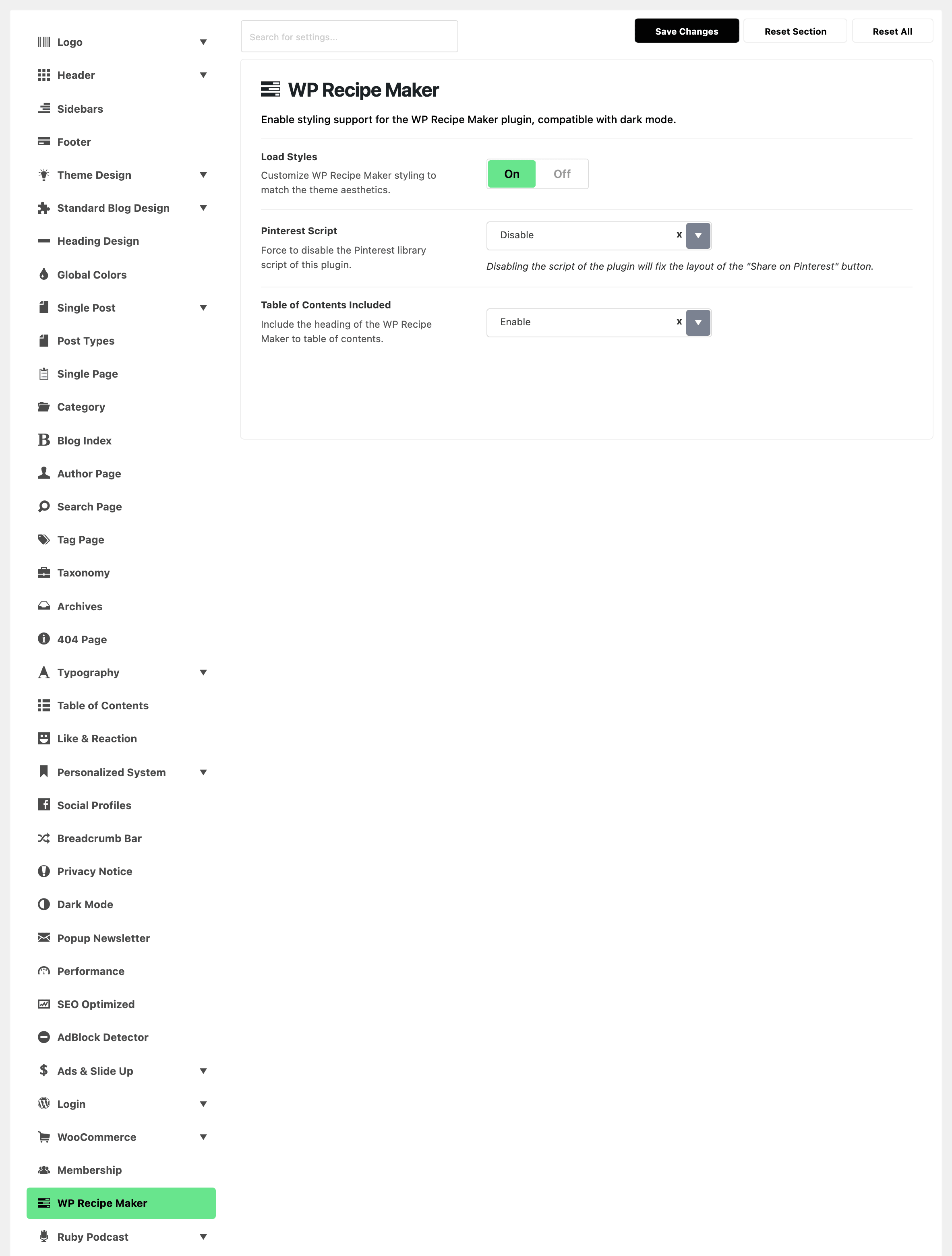 Theme Options > WP Recipe Maker: Load Styles on, Pinterest Script on Disable and Table of Contents Included on Enable