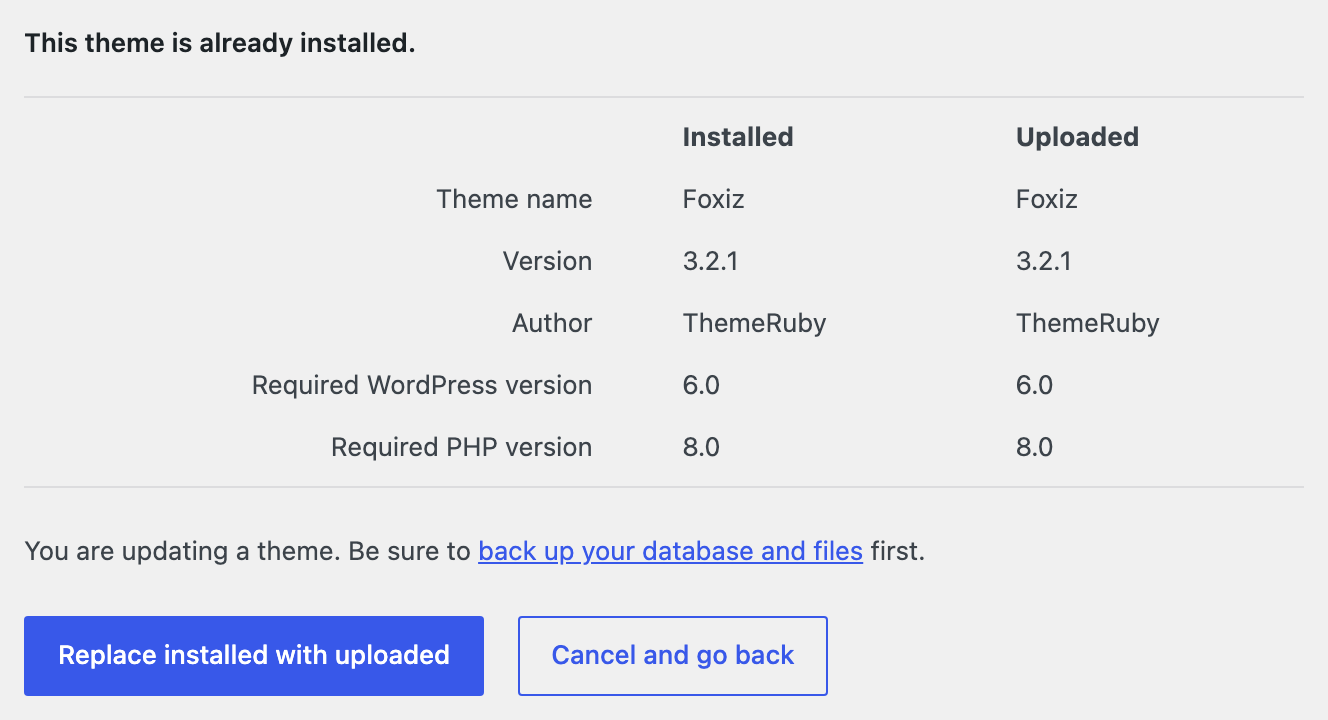 The screen headed This theme is already installed, comparing the installed and uploaded Foxiz versions, with Replace installed with uploaded