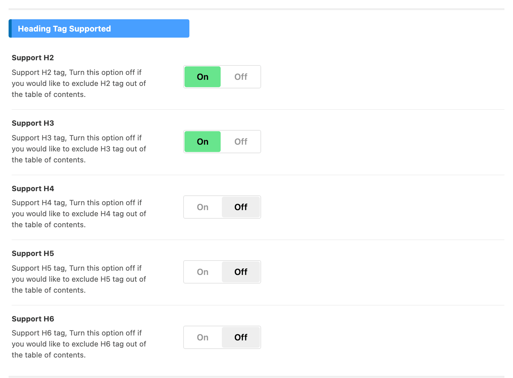 The Heading Tag Supported group of the Table of Contents panel: Support H2 to Support H6