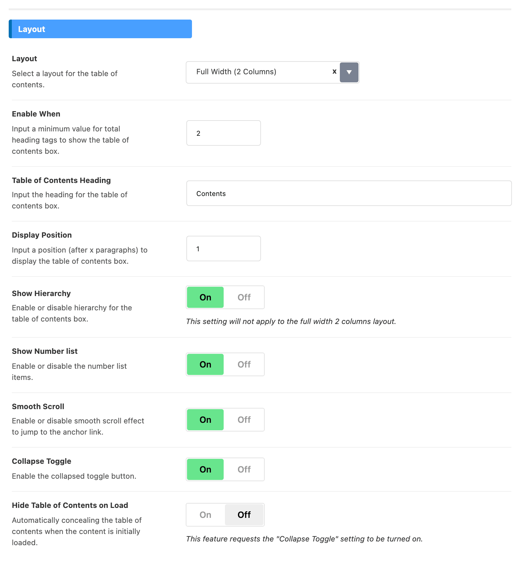 The Layout group of the Table of Contents panel, from Layout and Enable When down to Collapse Toggle and Hide Table of Contents on Load
