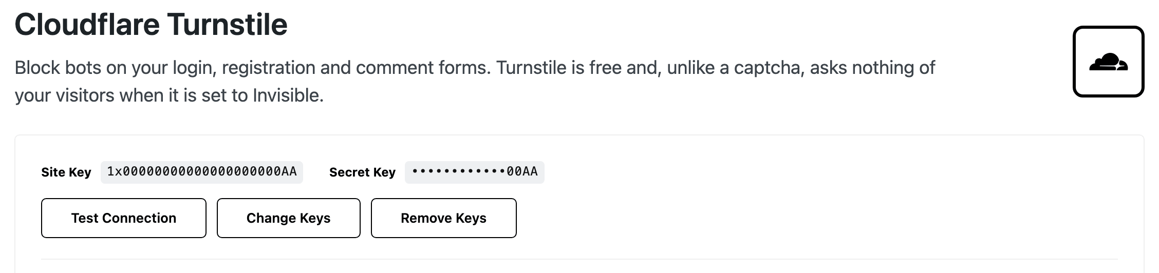 Foxiz > Turnstile after the keys are saved: the Site Key shown in full, the Secret Key masked to its last four characters, and the Test Connection, Change Keys and Remove Keys buttons