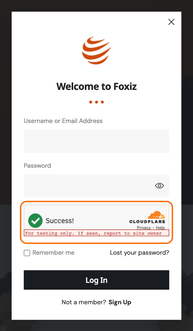 The Turnstile widget on the Foxiz login form, outlined in orange, between the password field and the Log In button, set to Always visible for this picture
