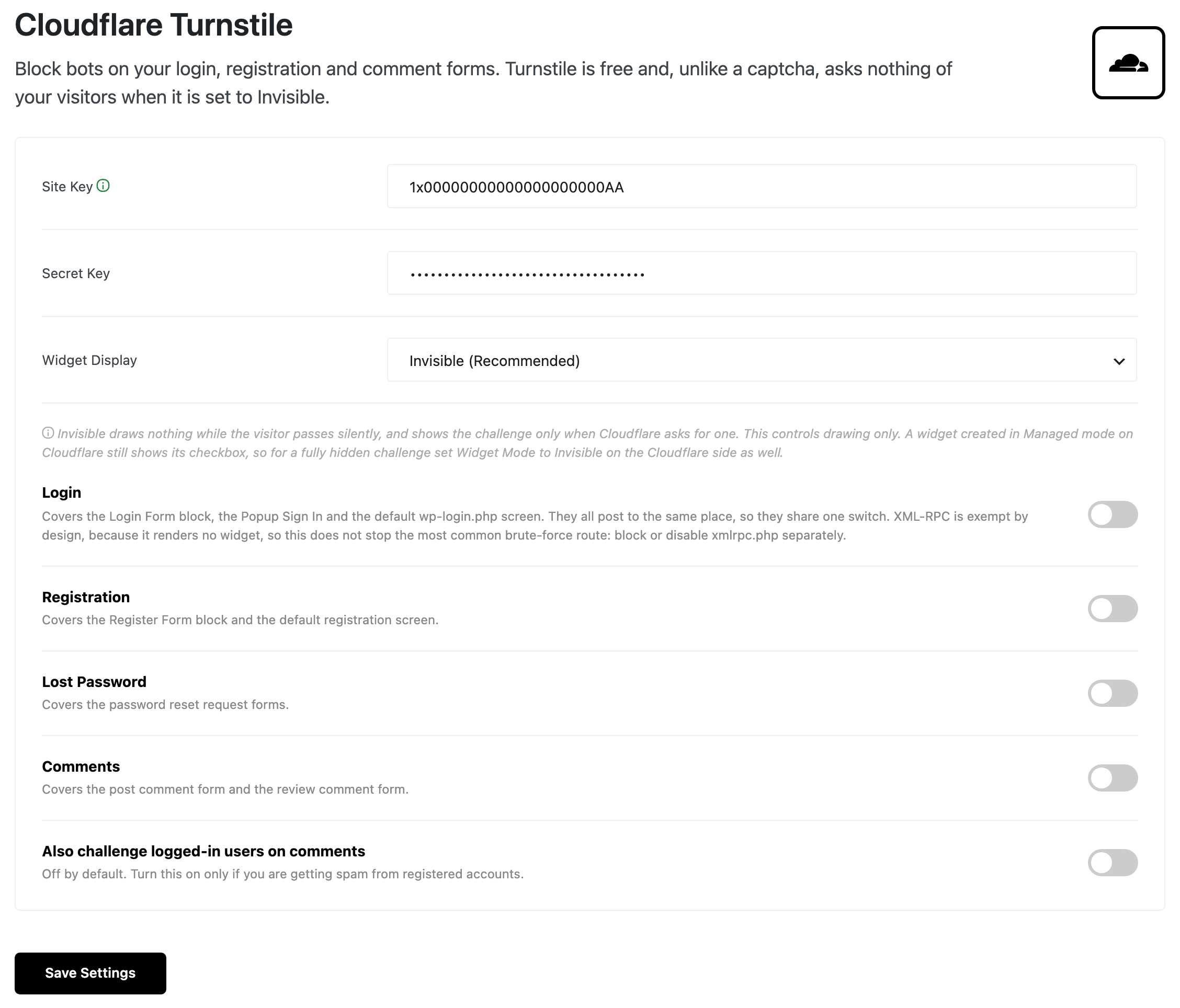 Foxiz > Turnstile with no keys saved yet: Site Key, Secret Key, Widget Display on Invisible (Recommended), the Login, Registration, Lost Password and Comments switches, Also challenge logged-in users on comments, and Save Settings