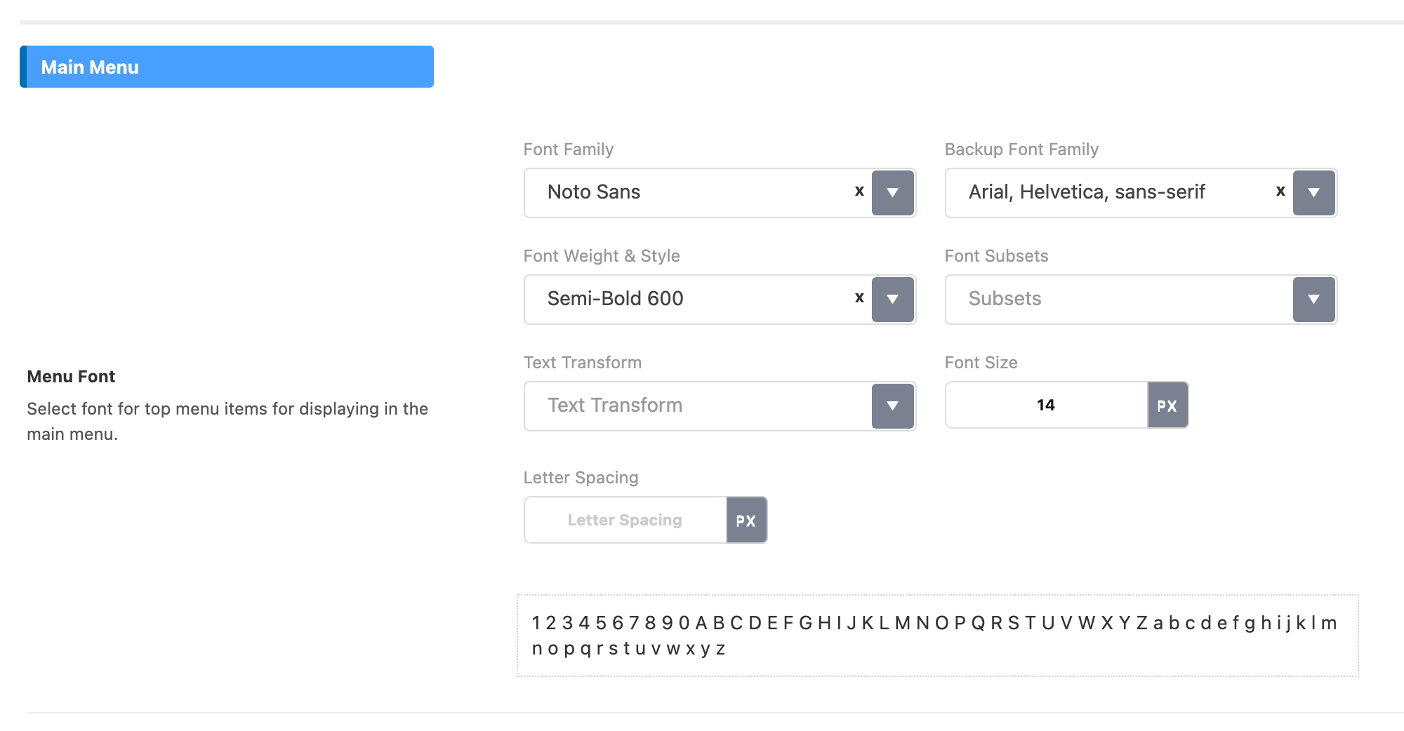 The Main Menu group of Theme Options > Typography > Header Menus, opening on Menu Font with its family, weight and size controls