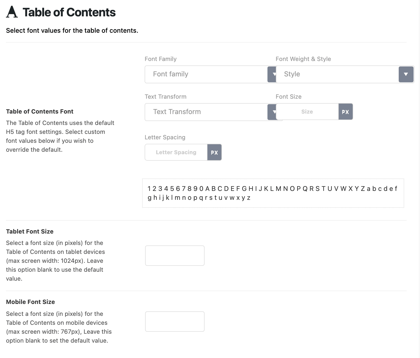 Typography > Table of Contents: Table of Contents Font with its tablet and mobile font sizes