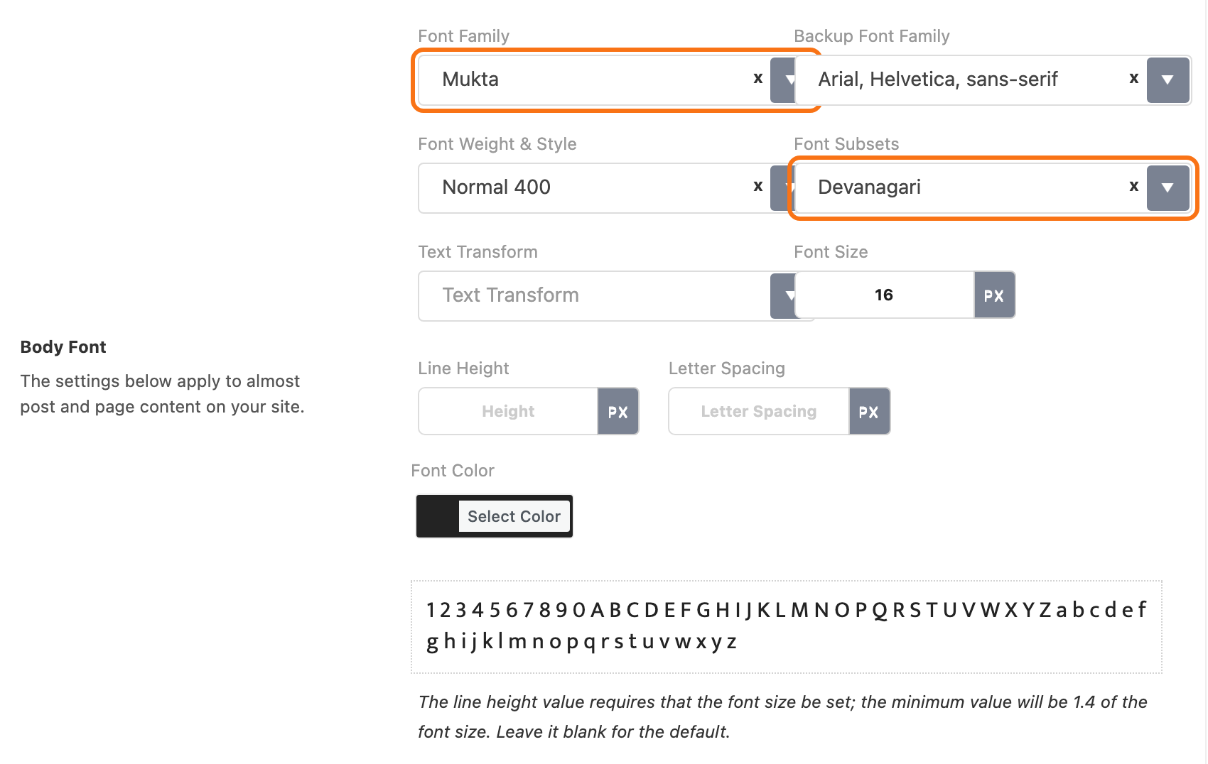 Theme Options > Typography > Website Body, the Body Font control with Font Family set to Mukta and Font Subsets set to Devanagari, both outlined in orange