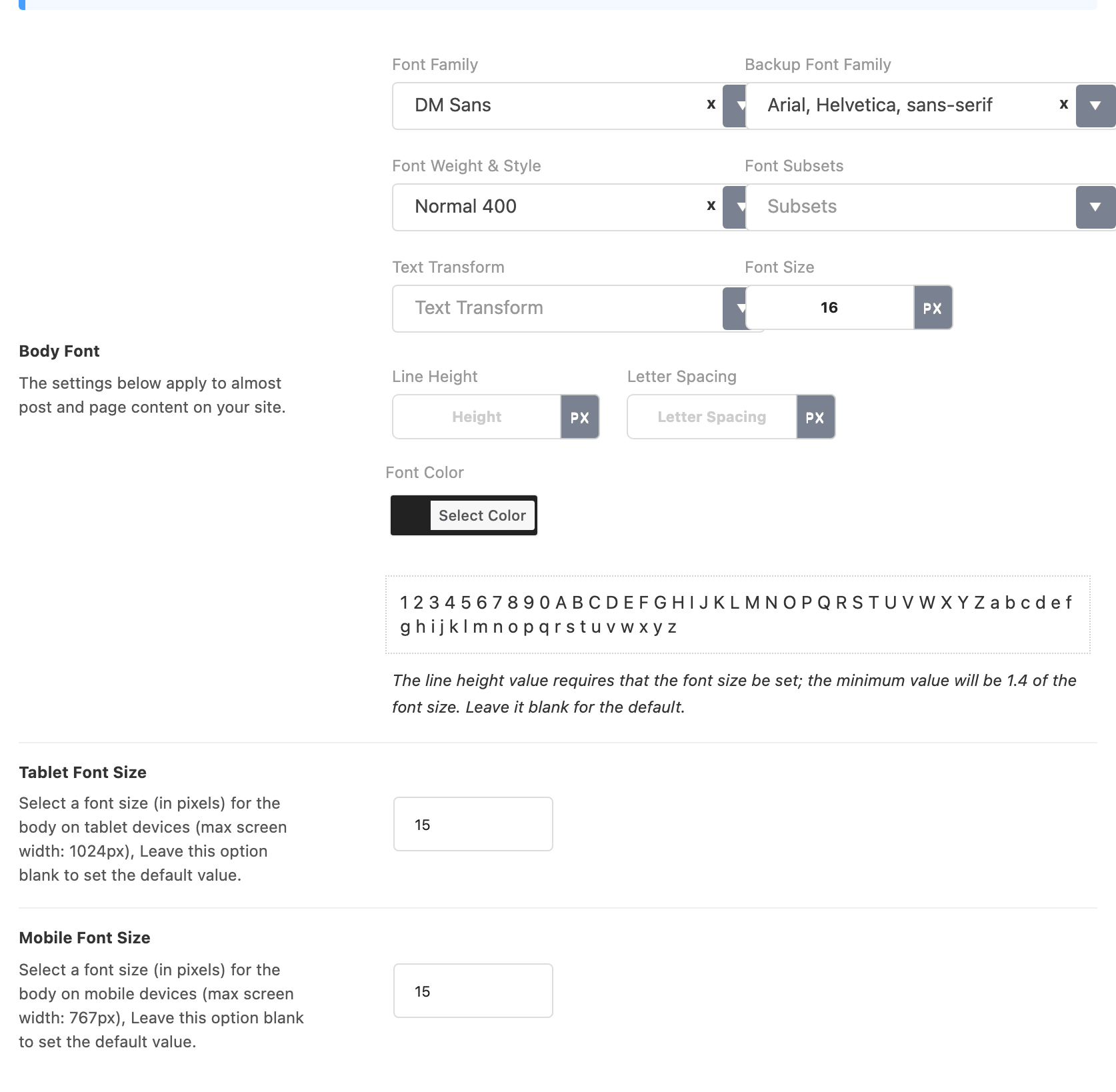 The Body Font control on Typography > Website Body, with its font family, weight, size, spacing and colour fields