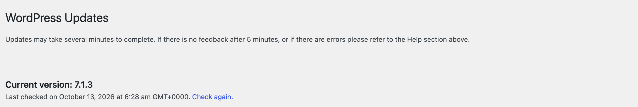 The top of Dashboard > Updates, with the Last checked on line and its Check again link