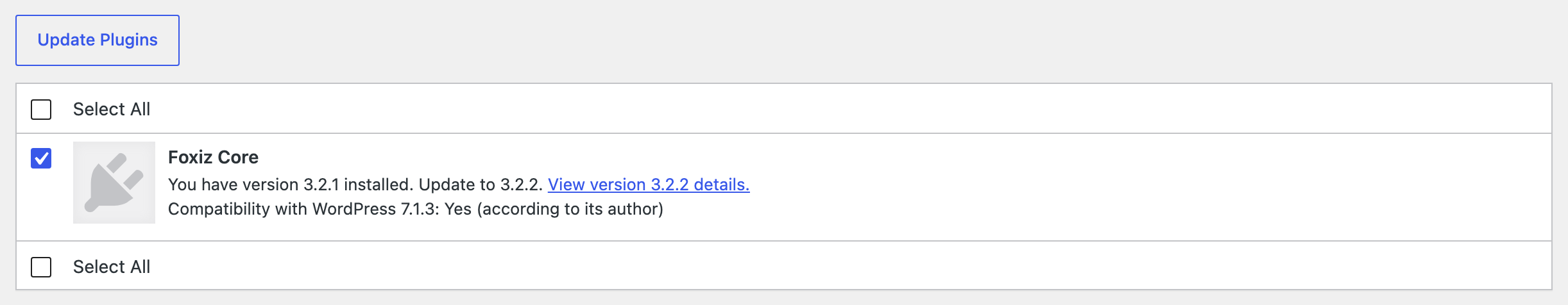 The Plugins table on Dashboard > Updates with Foxiz Core ticked and the Update Plugins button
