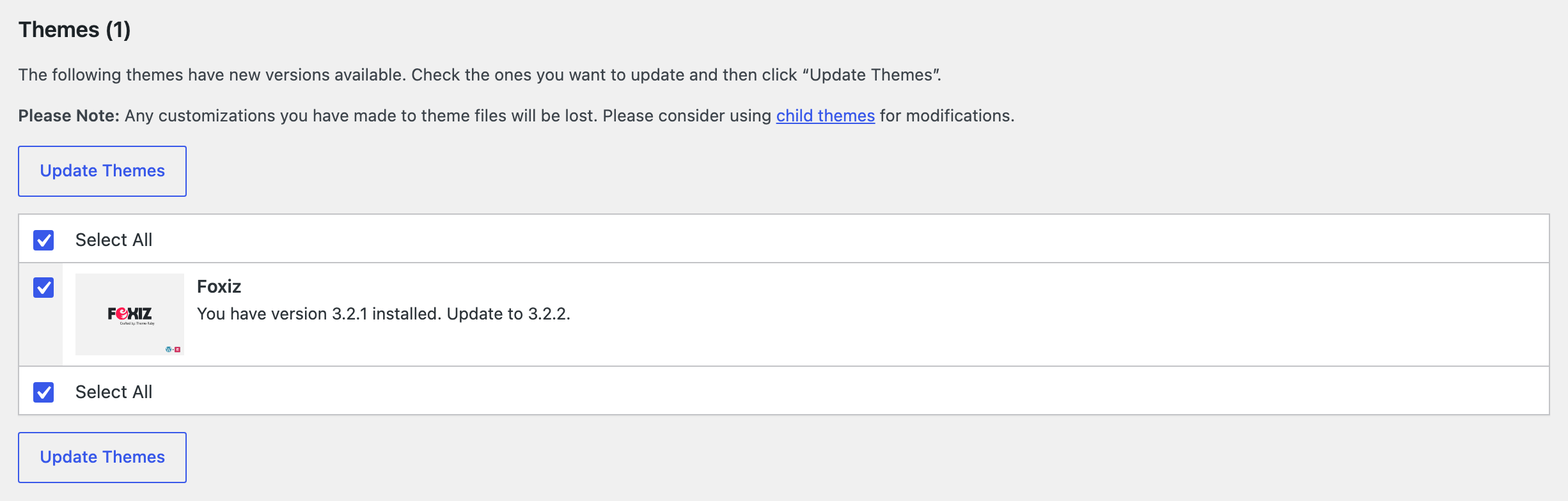 Dashboard > Updates, Themes section: Foxiz ticked, version 3.2.1 installed with 3.2.2 available, and the Update Themes buttons