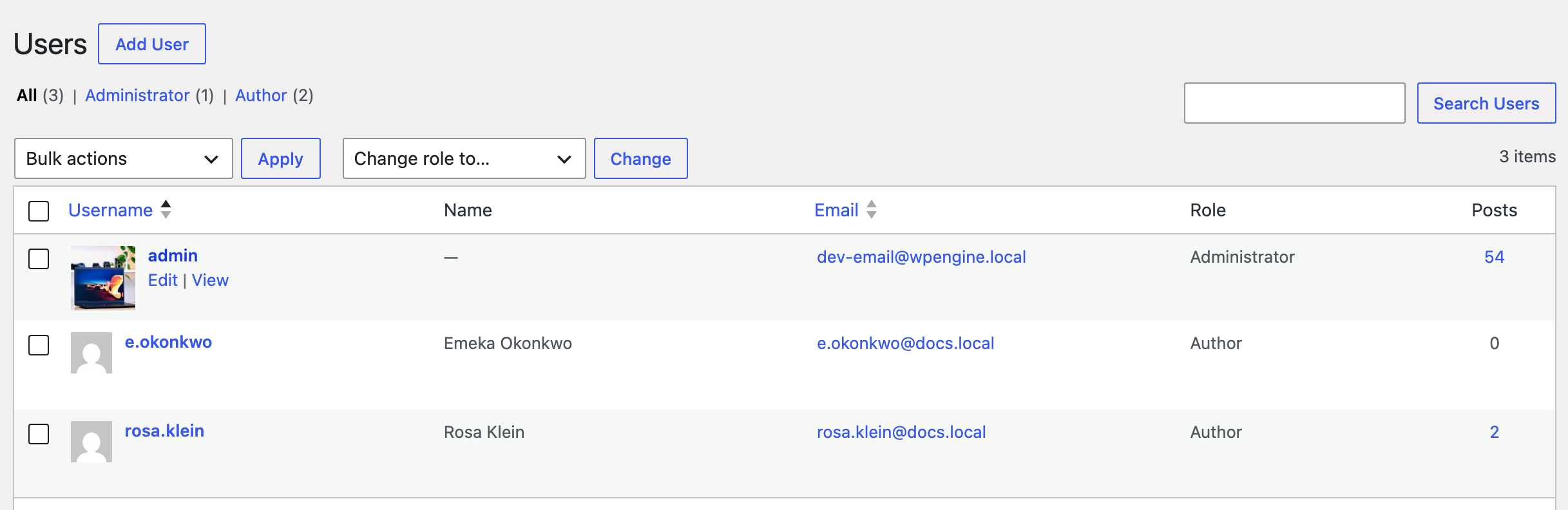 Users > All Users with the pointer on your own row, admin, and its row actions showing: Edit and View