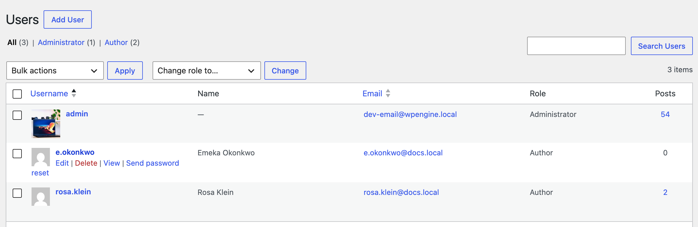 Users > All Users with the pointer on the author e.okonkwo (Emeka Okonkwo) and his row actions showing: Edit, Delete, View and Send password reset
