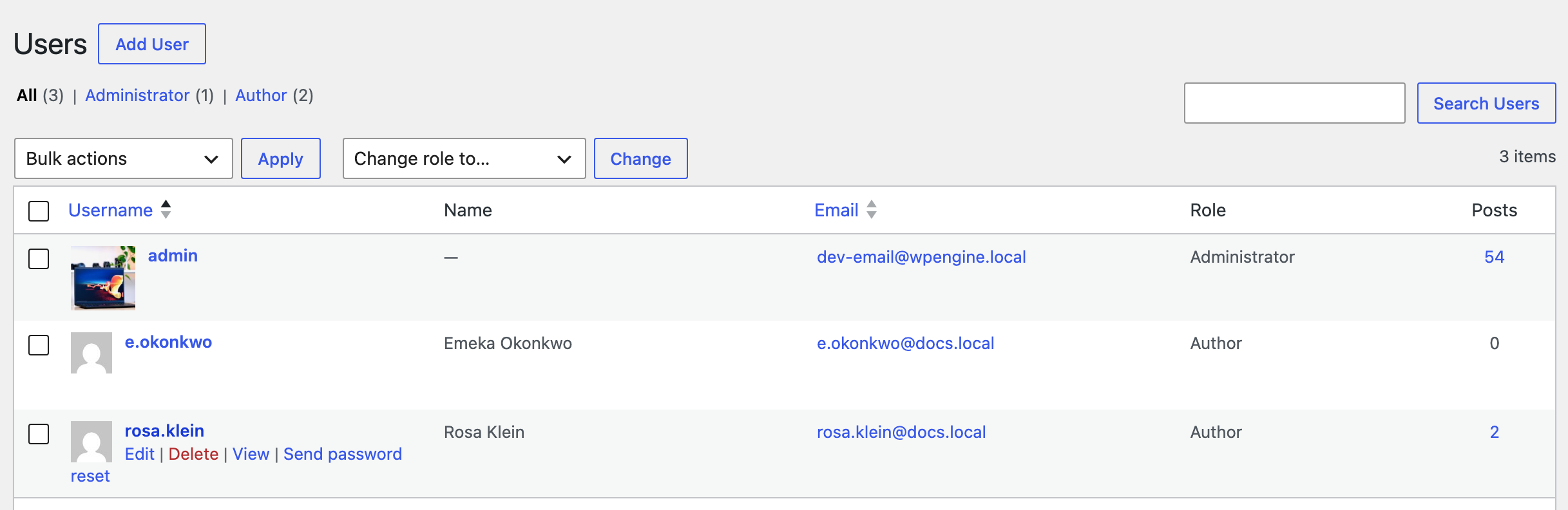 Users > All Users with the pointer on rosa.klein and her row actions showing: Edit, Delete, View and Send password reset