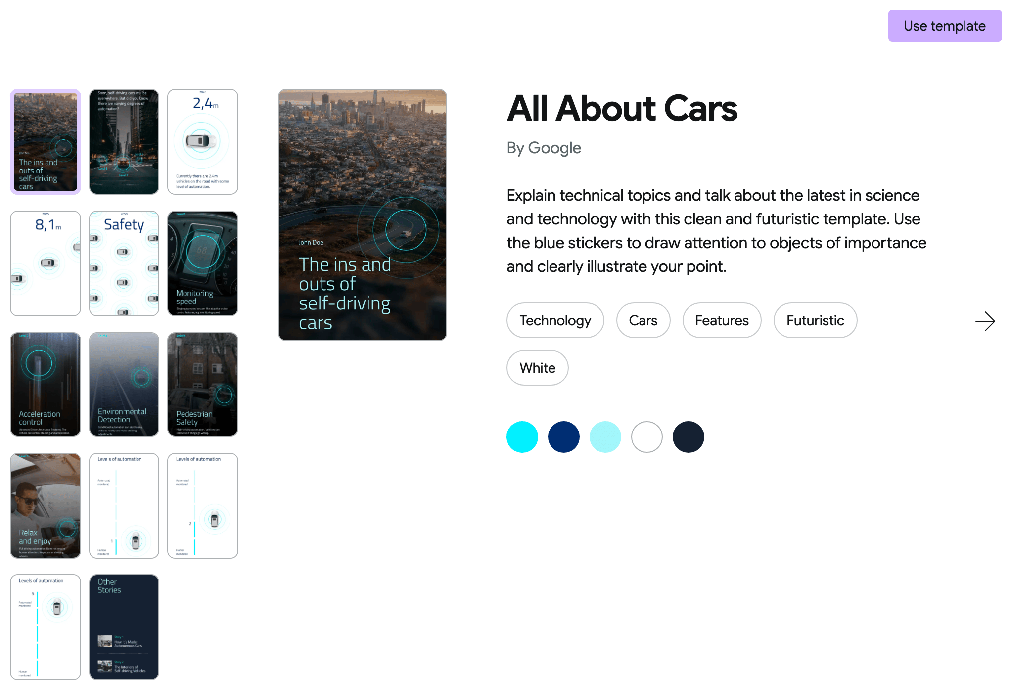 A template's detail view, its pages on the left and the Use template button top right