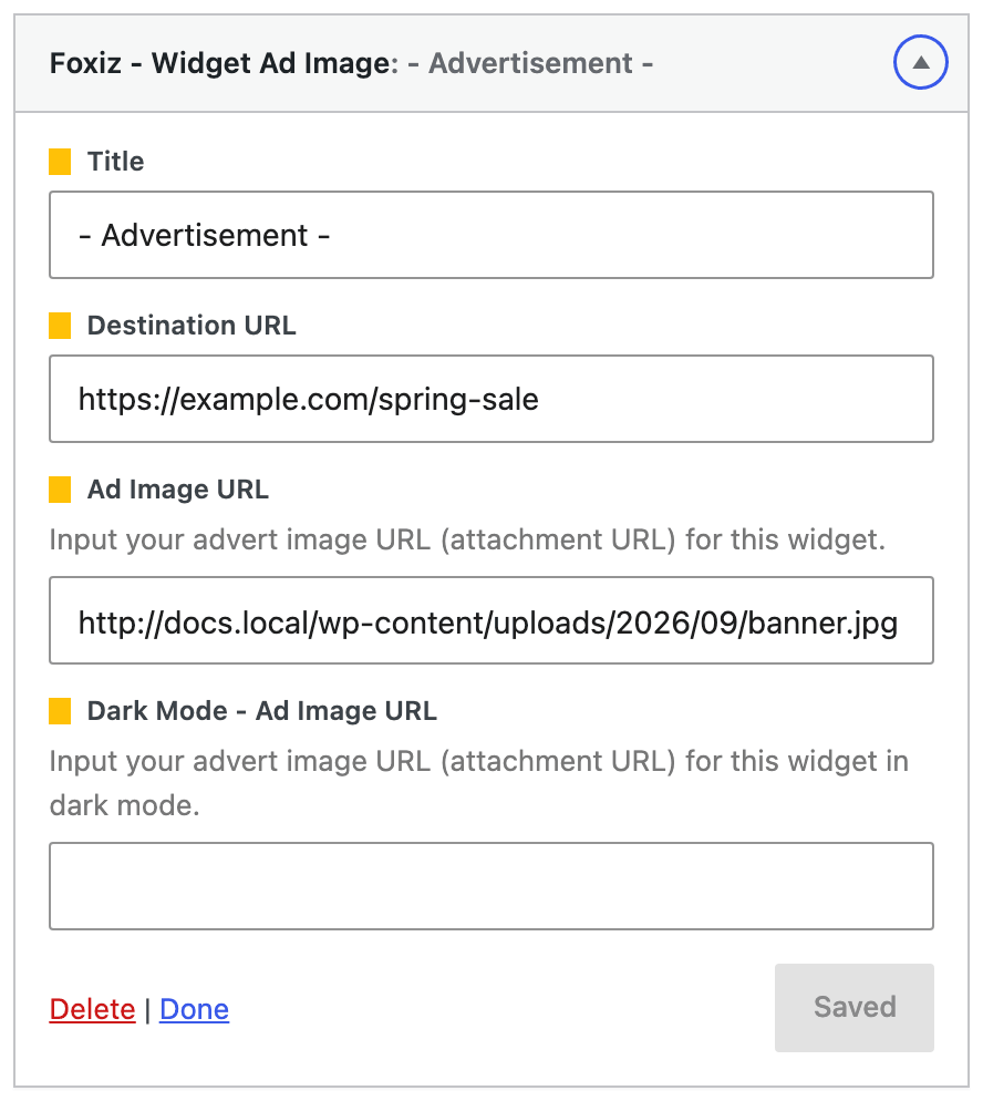 Foxiz - Widget Ad Image expanded in a widget area, showing Title, Destination URL, Ad Image URL and Dark Mode - Ad Image URL